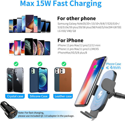 Car Phone Holder Mount Wireless Charging, 15W Wireless Car Charger Mount, Windshield Dash Phone Holder [With QC 3.0 Adapter] Compatible with Iphone 13 12 Mini 11 Pro Max, Samsung, Lg-Iron Gray